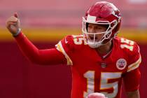 Kansas City Chiefs quarterback Patrick Mahomes calls a play during the second half of an NFL fo ...