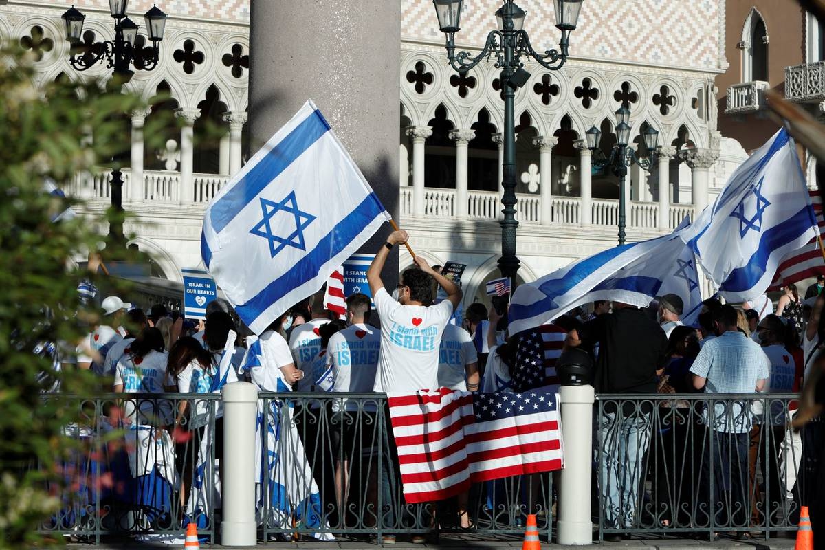 Pro-Israel demonstrators gather outside The Venetian on the Las Vegas Strip, Wednesday, May 12, ...