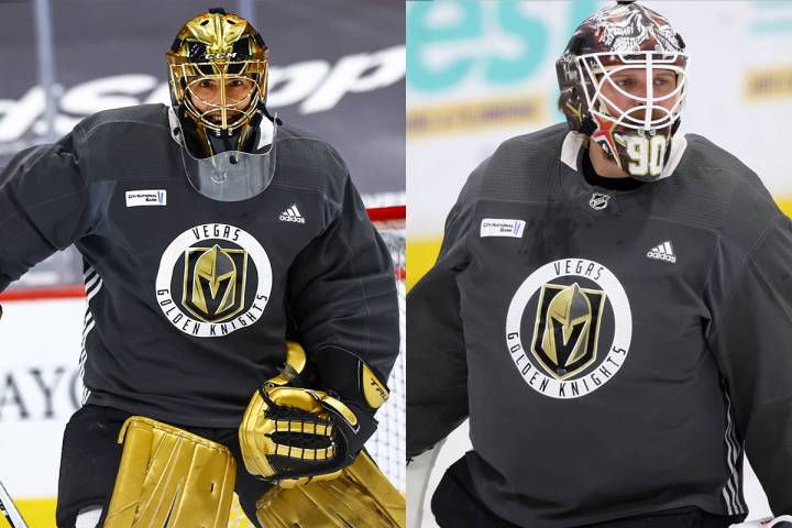 This combination photo shows Golden Knights goaltenders Marc-Andre Fleury and Robin Lehner. (La ...