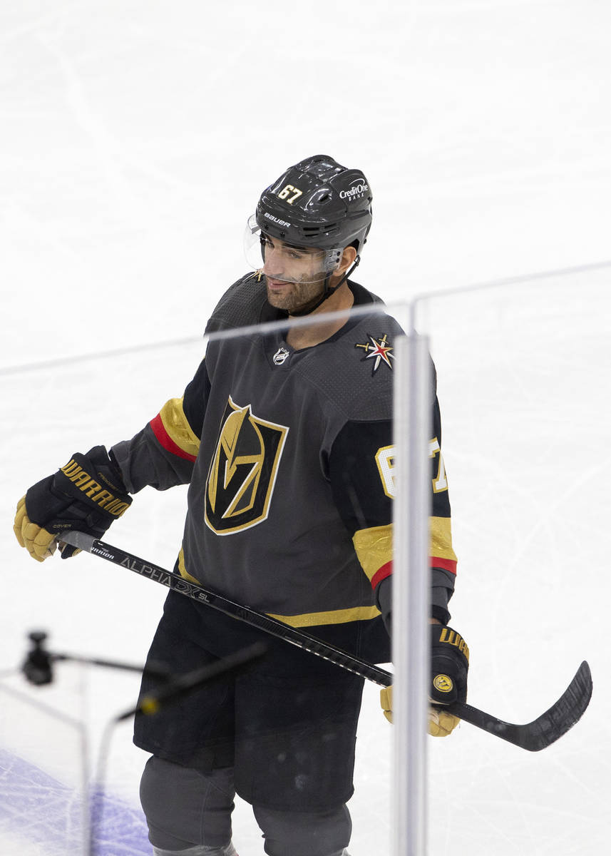 Golden Knights' left wing Max Pacioretty (67) reacts after receiving a penalty during the secon ...