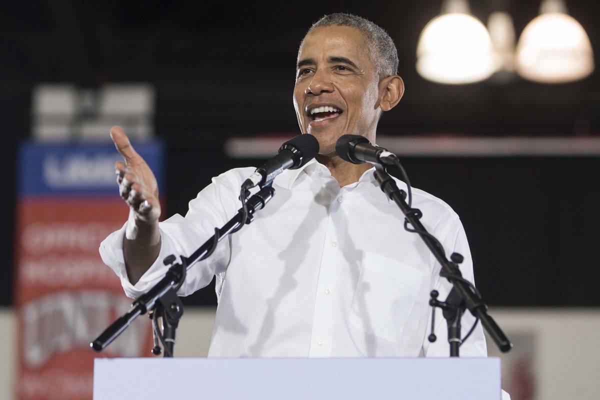 Former President Barack Obama speaks during a rally at Cox Pavilion in this Oct. 22, 2018, in L ...