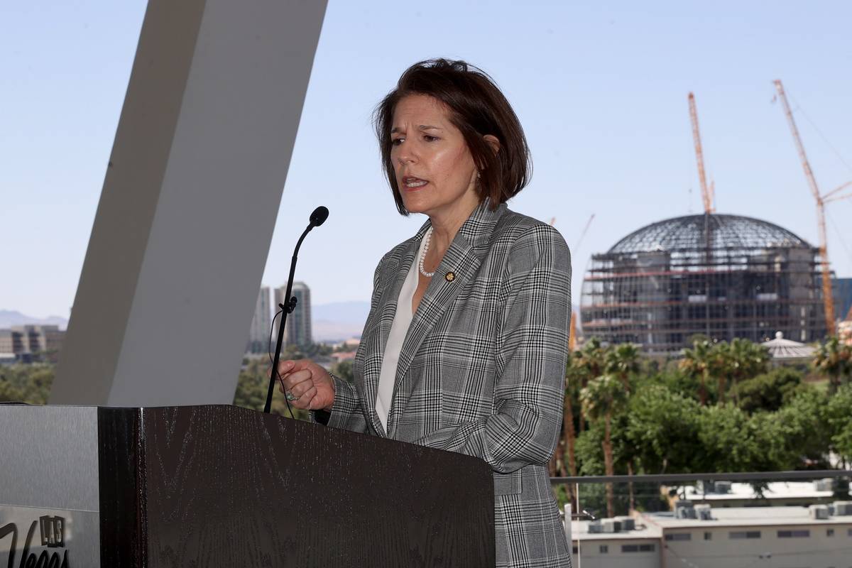 Sen. Catherine Cortez Masto, D-Nev., speaks on The Terrace during a tour of the West Hall expan ...