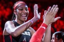 Las Vegas Aces center A'ja Wilson (22) gets fired up with teammates before the start of Vegas' ...