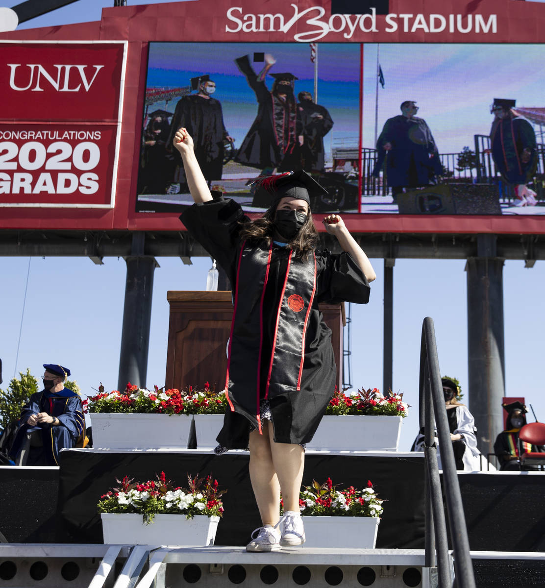 Megan Kelly reacts after receiving her master's in criminal justice during the first of several ...
