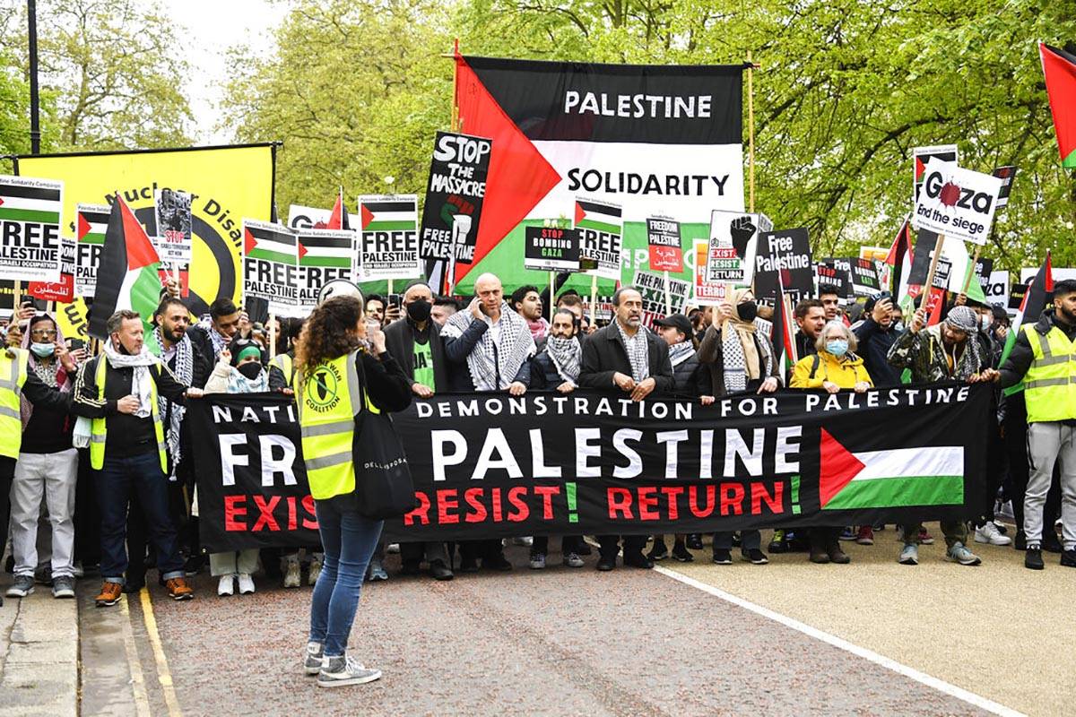 People hold placards and Palestinian flags as they march in solidarity with the Palestinian peo ...
