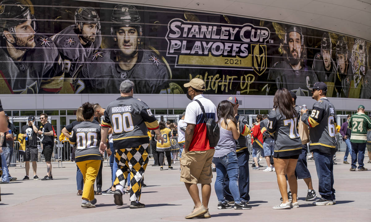 Golden Knights begin to trickle in before the first period of an NHL playoff game at the T-Mobi ...