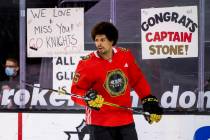 Golden Knights right wing Ryan Reaves (75) keeps a puck in the air during warm ups before the f ...