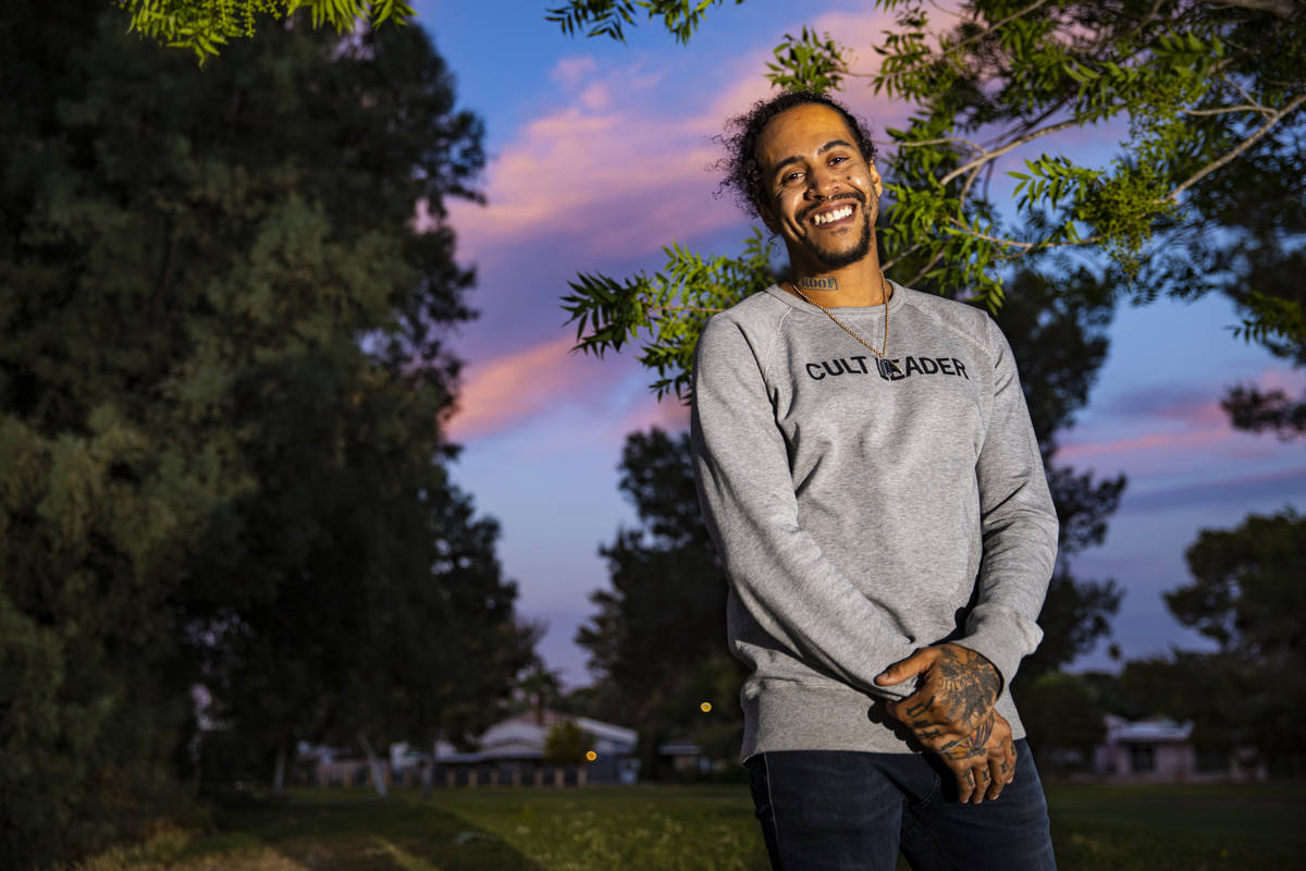 Sin á Tes Souhaits, the new Clark County poet laureate, poses for a portrait in the Paradise P ...