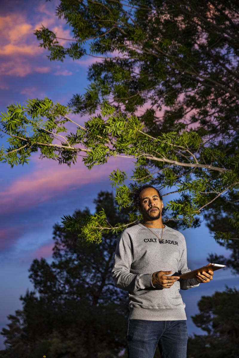 Sin á Tes Souhaits, the new Clark County poet laureate, poses for a portrait in the Paradise P ...