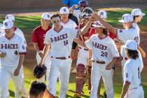 Desert Oasis High School runner Tyler Stott (10) is congratulated by teammates after hitting a ...