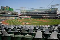 FILE - In this Sept. 30, 2020, file photo, cutouts are seated at Oakland Coliseum as Chicago Wh ...