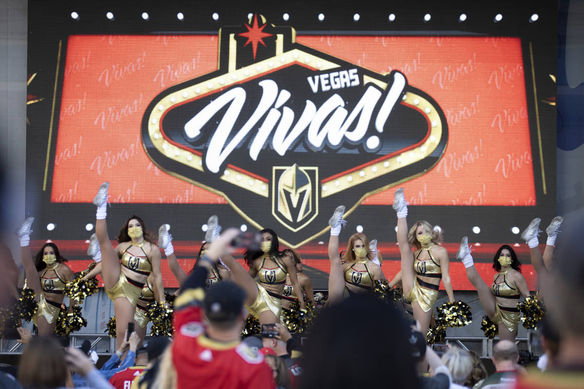 The Vegas Vivas perform before an NHL playoff game between the Golden Knights and the Wild at T ...