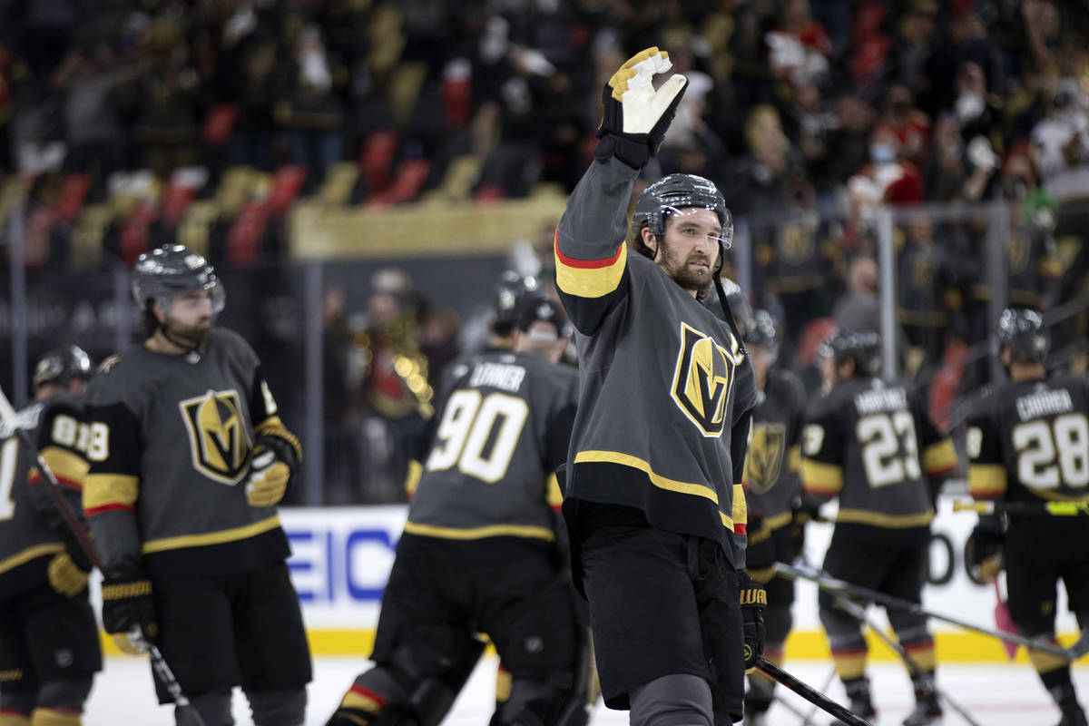 Golden Knights right wing Mark Stone (61) waves to the crowd after winning an NHL playoff game ...
