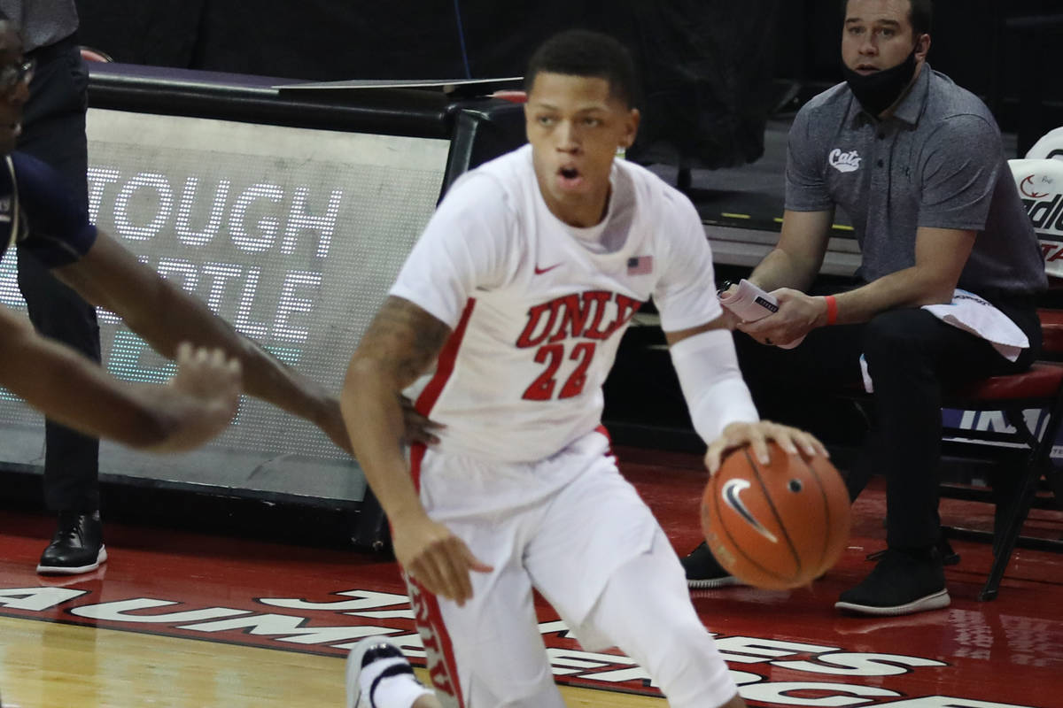 UNLV Rebels guard Nicquel "Nick" Blake (22) dribbles the ball against Montana State B ...