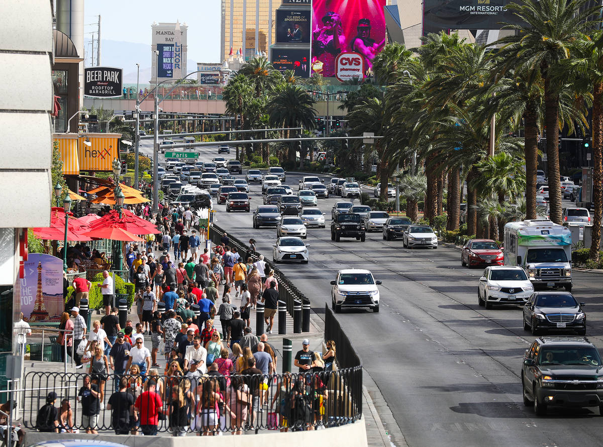 Visitors walk the Strip in Las Vegas, Tuesday, May 25, 2021. (Rachel Aston/Las Vegas Review-Jou ...