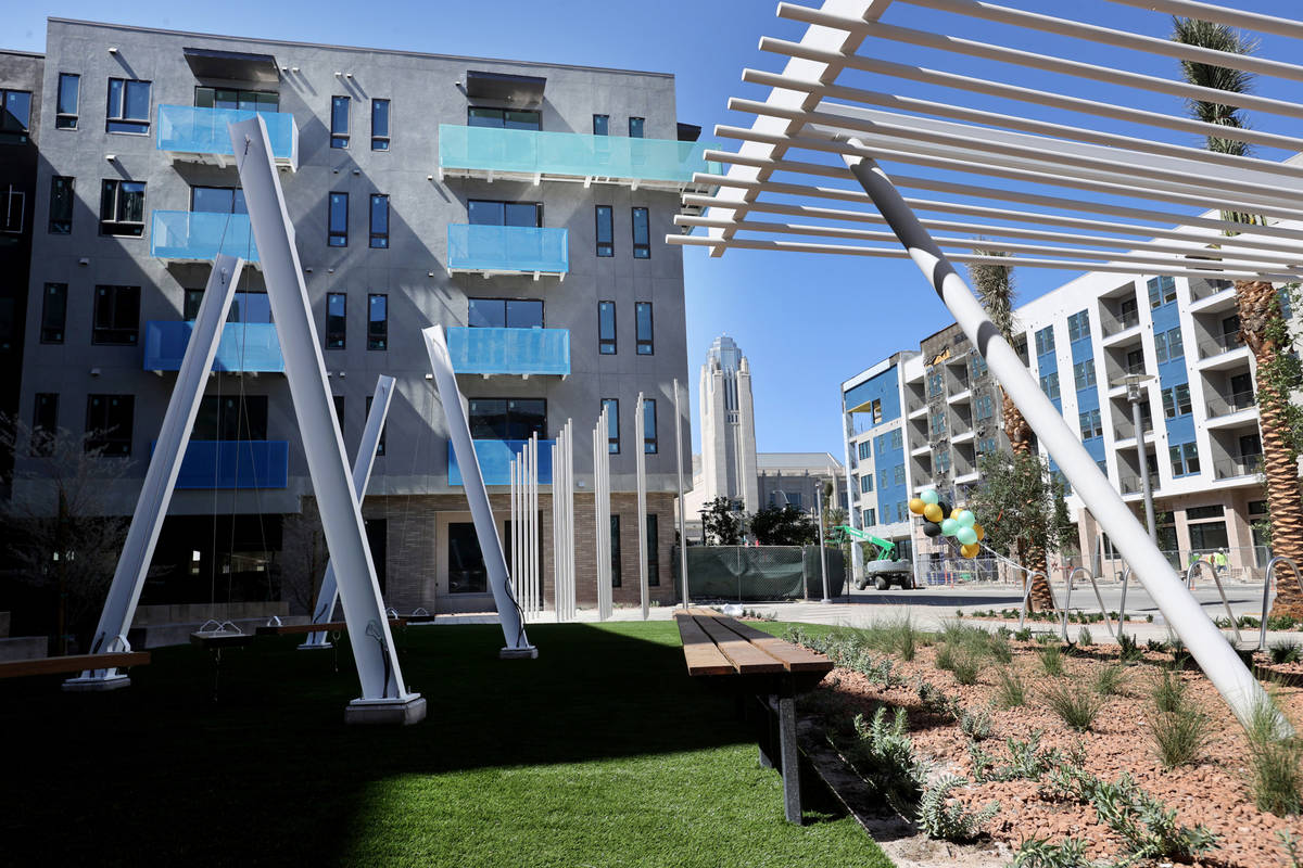 The front courtyard at Parc Haven apartment complex at Symphony Park in downtown Las Vegas duri ...