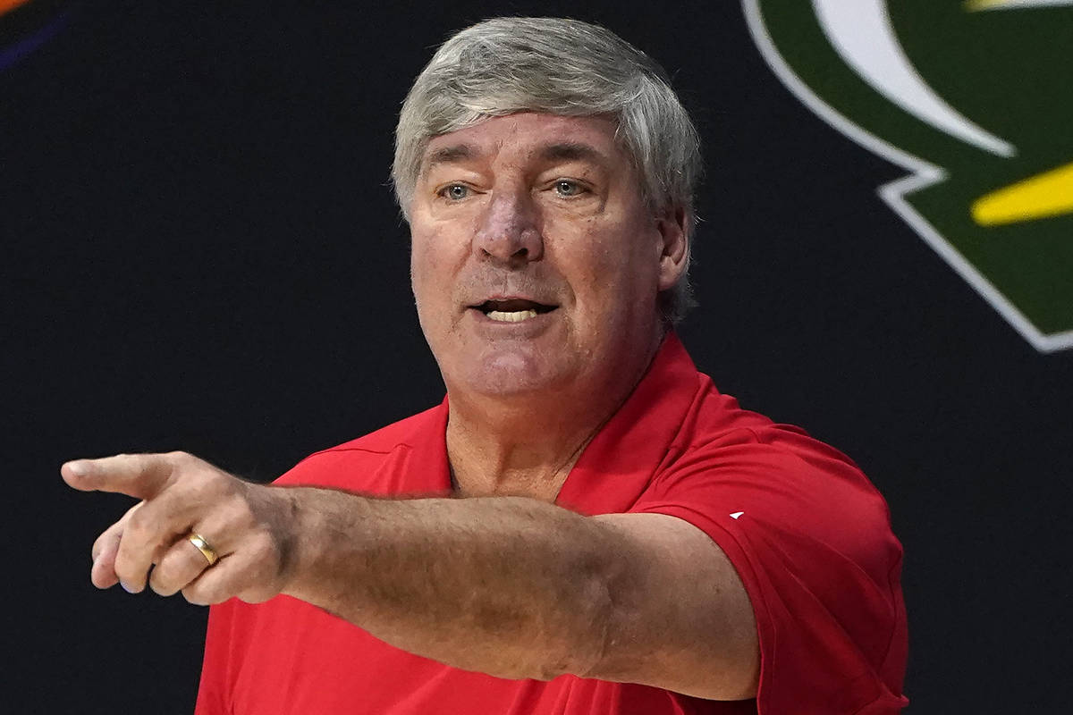 Las Vegas Aces head coach Bill Laimbeer points out a play against the Connecticut Sun during th ...