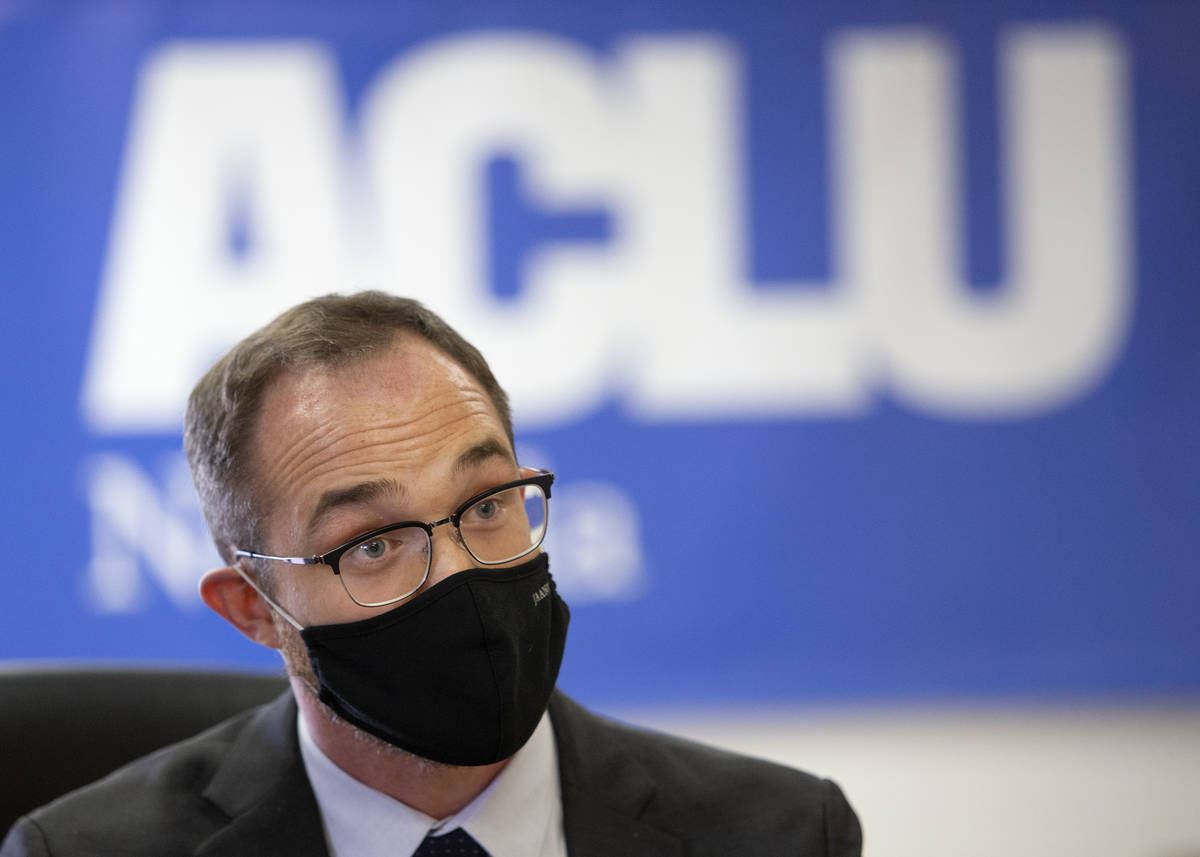 Chris Peterson, senior staff attorney for the ACLU of Nevada, is interviewed by the Review-Jour ...