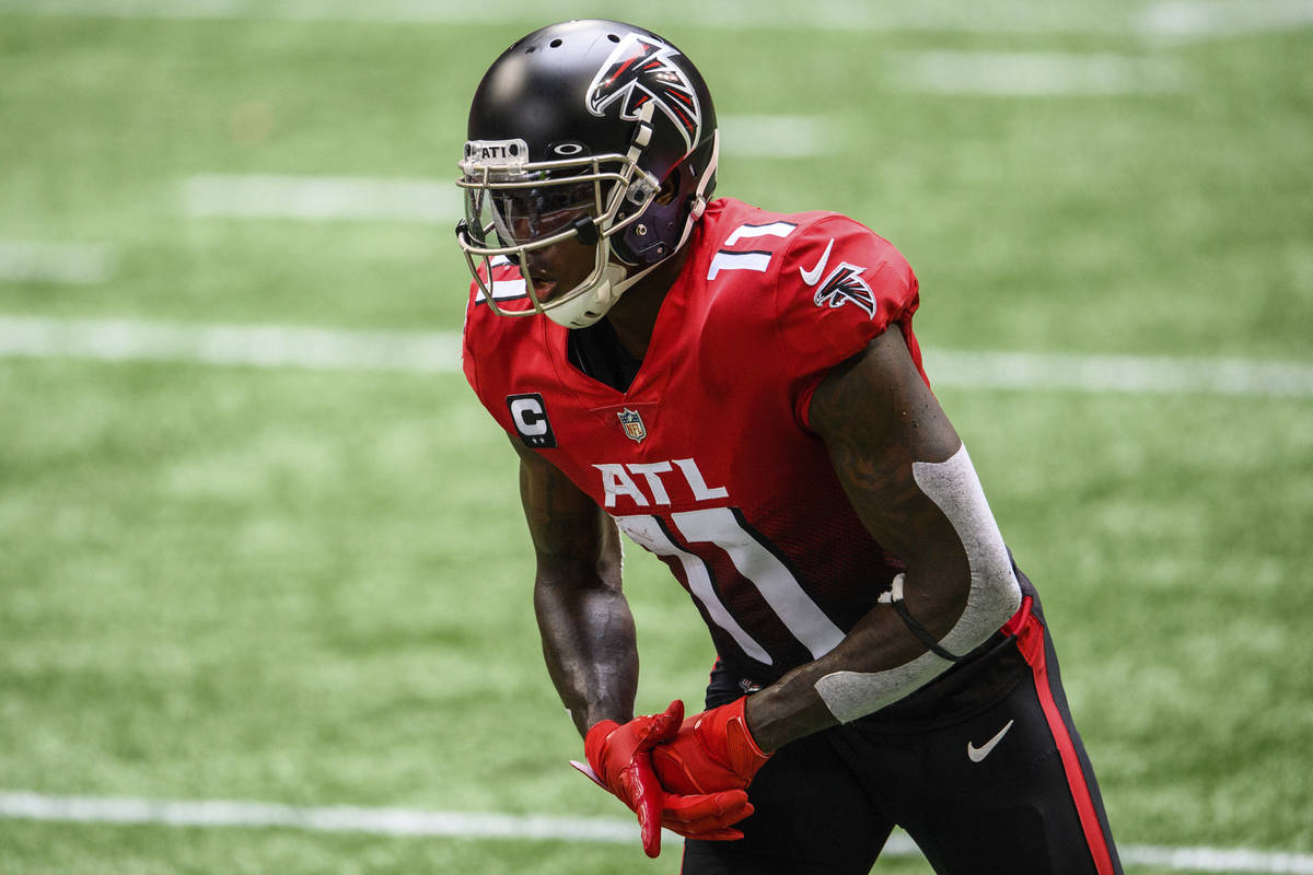 Atlanta Falcons wide receiver Julio Jones (11) lines up during the first half of an NFL footbal ...