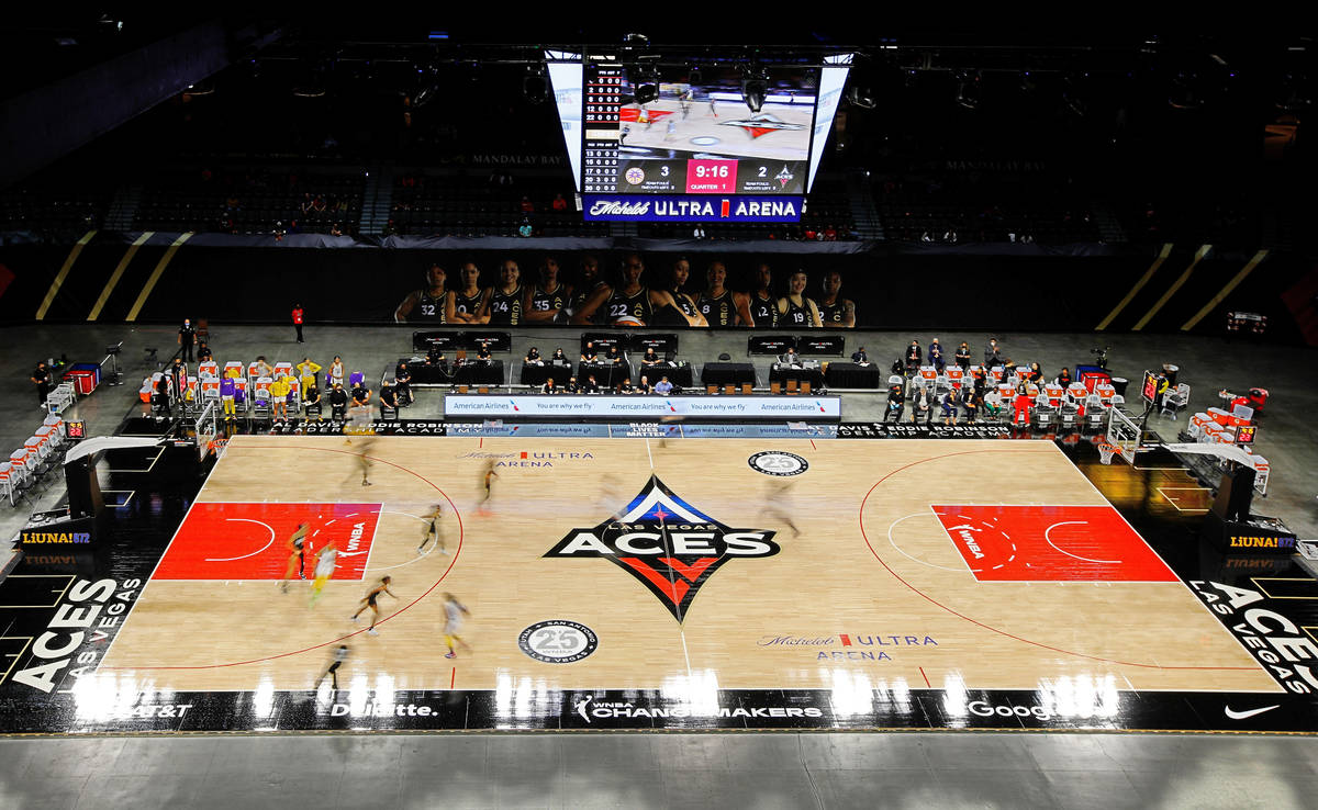 Las Vegas Aces plays against Los Angeles Sparks during the first quarter of a WNBA basketball g ...