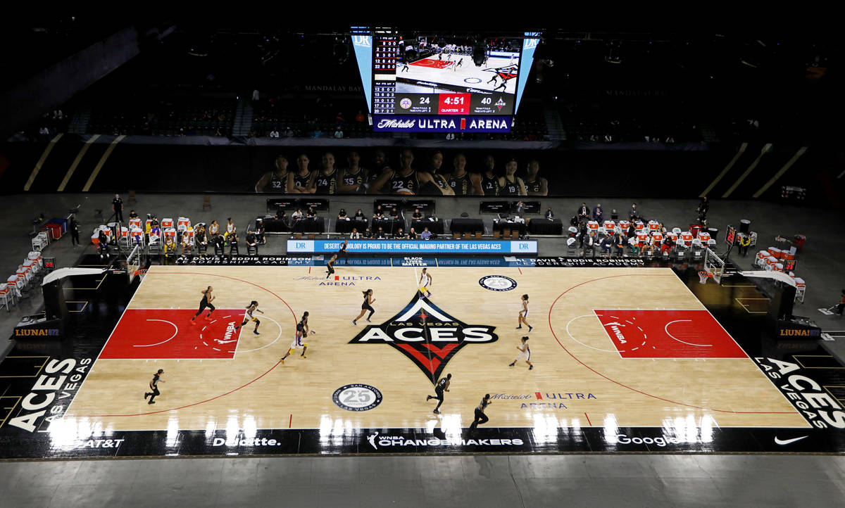 Las Vegas Aces plays against Los Angeles Sparks during the second quarter of a WNBA basketball ...