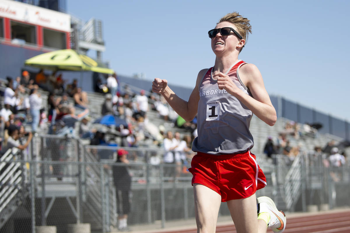 Arbor View's Noah Espeleta wins the boys 800 meter race during the class 5A Southern Region boy ...