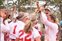 Arbor View pitcher Annie Finch (with trophy) joins her teammates to celebrate after the Aggies ...