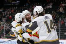 Vegas Golden Knights' Alex Pietrangelo (7), Chandler Stephenson (20), Nicolas Hague (14) and Ma ...