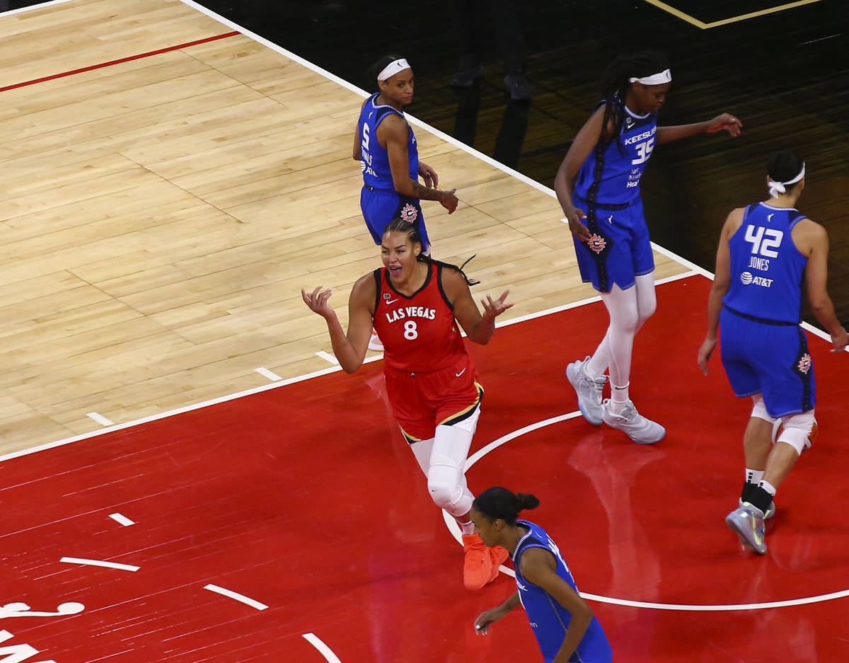 Las Vegas Aces' Liz Cambage (8) reacts after a play against Connecticut Sun during the third qu ...