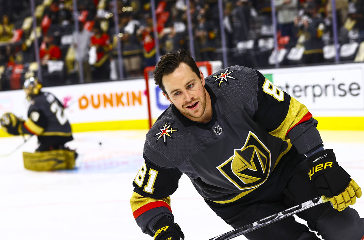 Golden Knights' Jonathan Marchessault warms up for Game 5 of a first-round NHL hockey playoff s ...