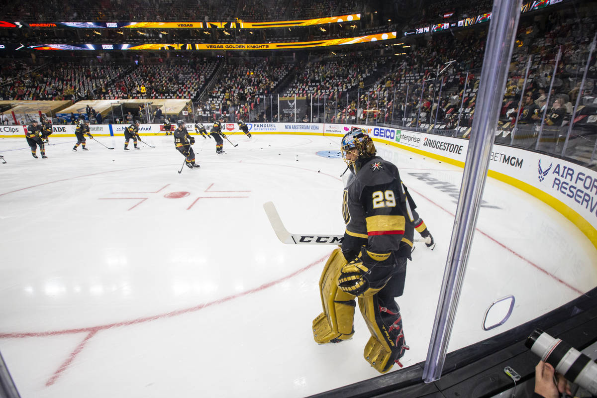 Golden Knights goaltender Marc-Andre Fleury warms up for Game 5 of a first-round NHL hockey pla ...