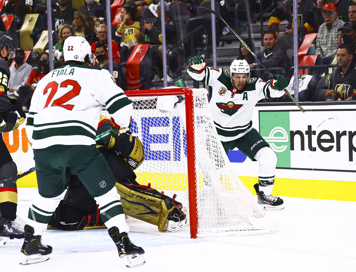Minnesota Wild's Zach Parise (11) celebrates his goal against the Golden Knights during the fir ...