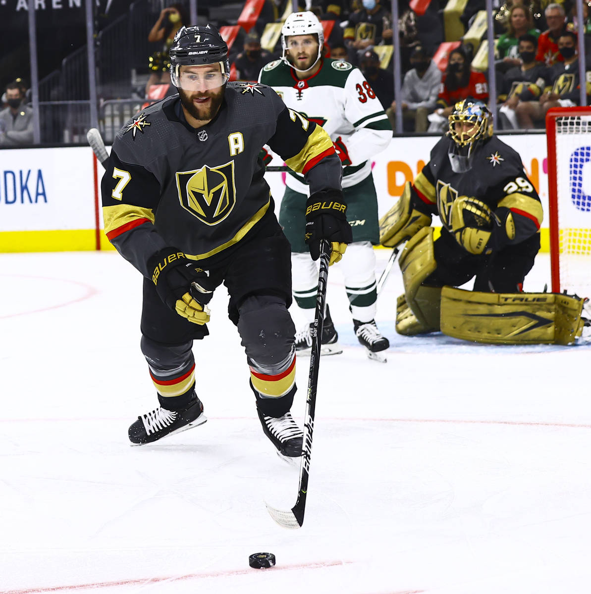 Golden KnightsÕ Alex Pietrangelo (7) goes for a loose puck during the first period of Game ...