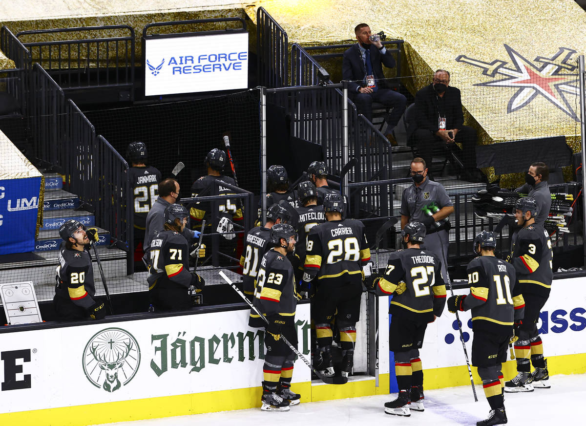 The Golden Knights skate off the ice after losing to the Minnesota Wild in Game 5 of a first-ro ...