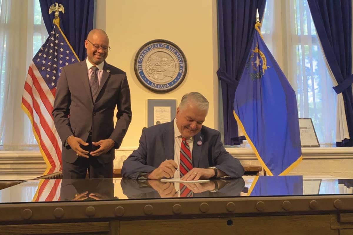 Gov. Steve Sisolak signs Assembly Bill 58 and Senate Bill 50 into law on Tuesday, May 25, 2021, ...
