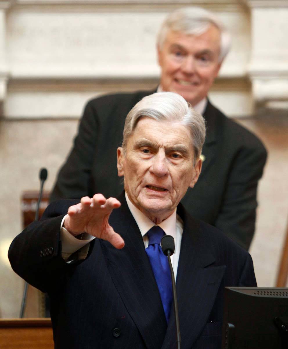 In this Jan. 18, 2012 file photo former U.S. Sen. John Warner of Virginia speaks to the Virgini ...