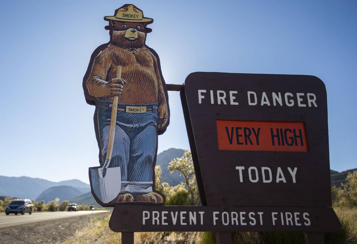 A U.S. Forest Service sign indicating the level of fire risk on Kyle Canyon Road at Mount Charl ...