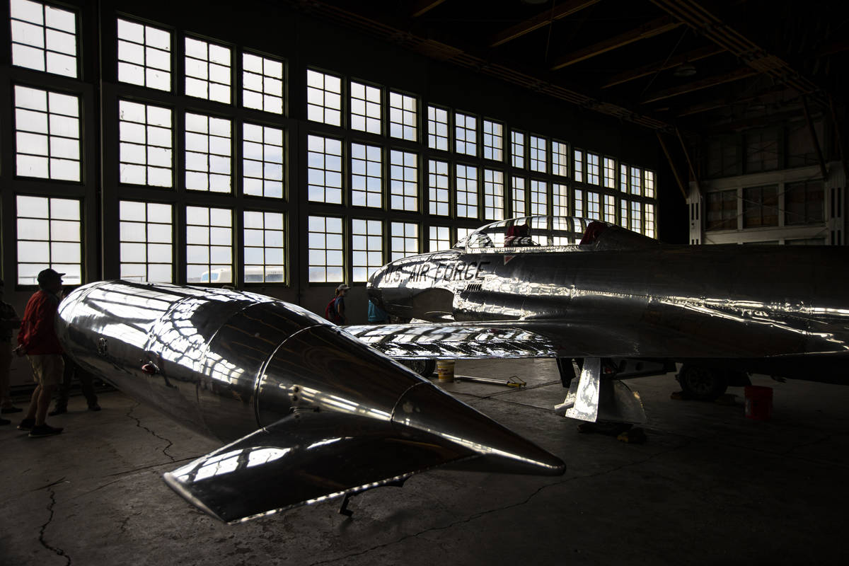 A CT-133 plane sits inside a hangar at the Historic Wendover Airfield, a World War II-era base ...