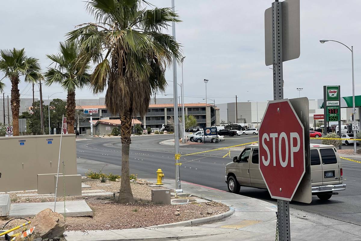 The northbound and southbound lanes of Dean Martin Drive are closed at Blue Diamond Road on Wed ...