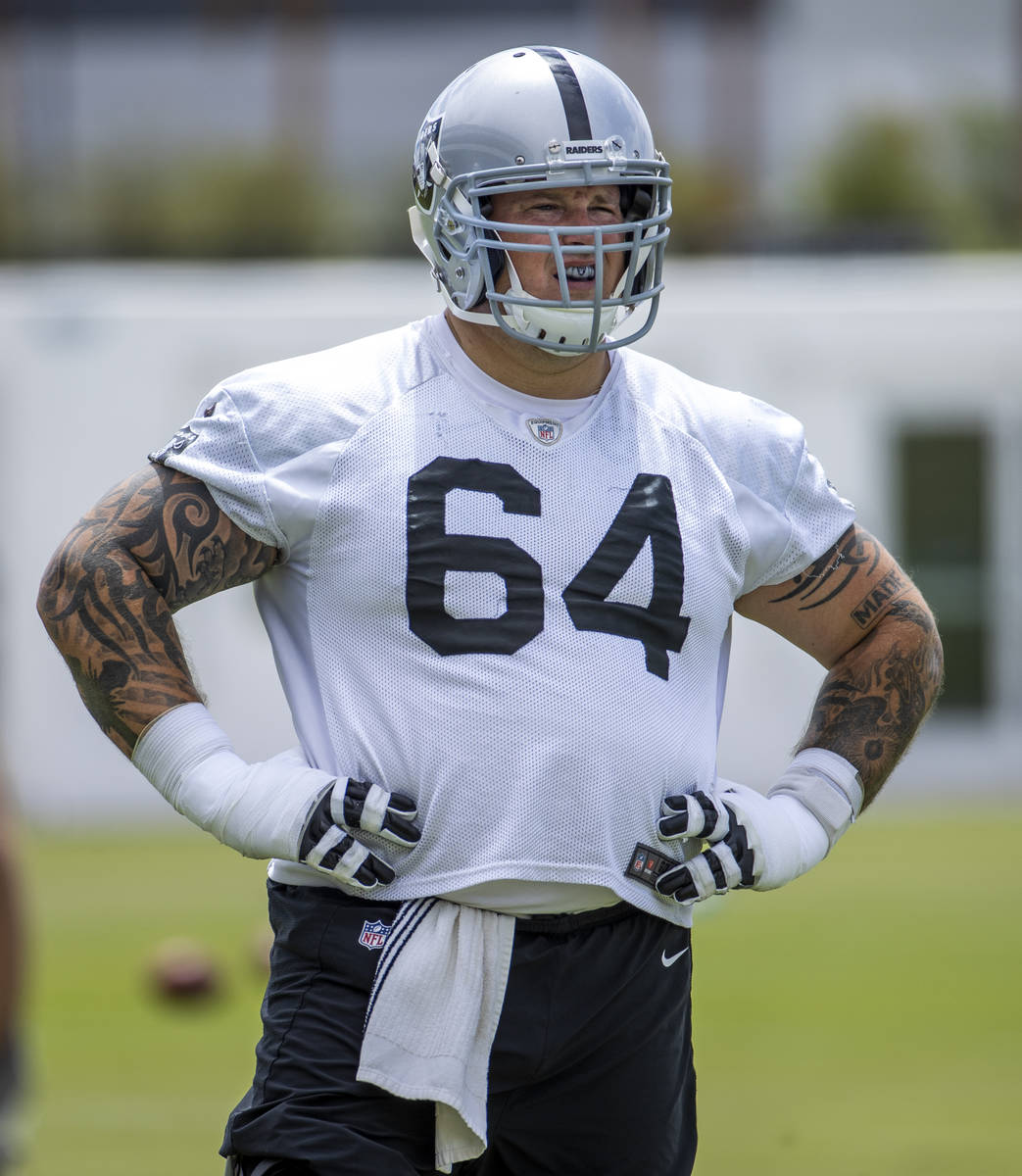 Guard Richie Incognito (64) looks on during a Las Vegas Raiders open practice at the Intermount ...