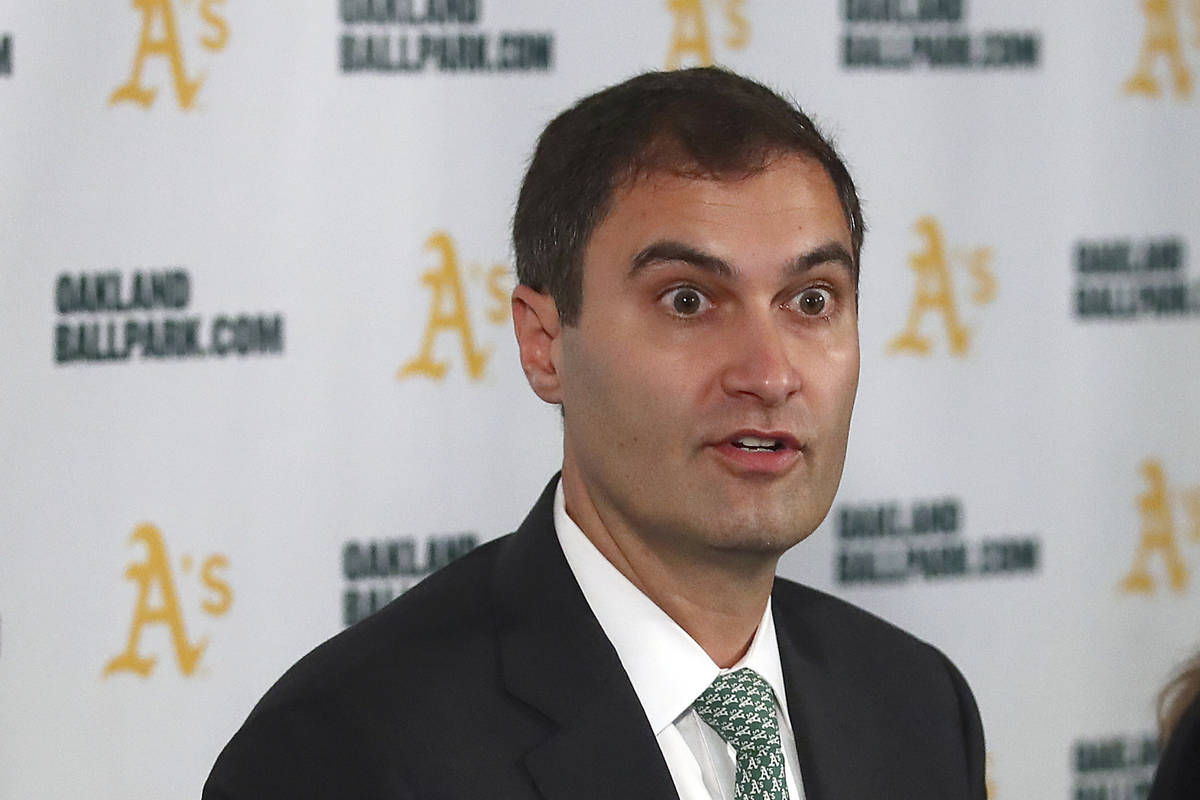Oakland Athletics President Dave Kaval speaks during a news conference in Oakland, Calif., in 2 ...