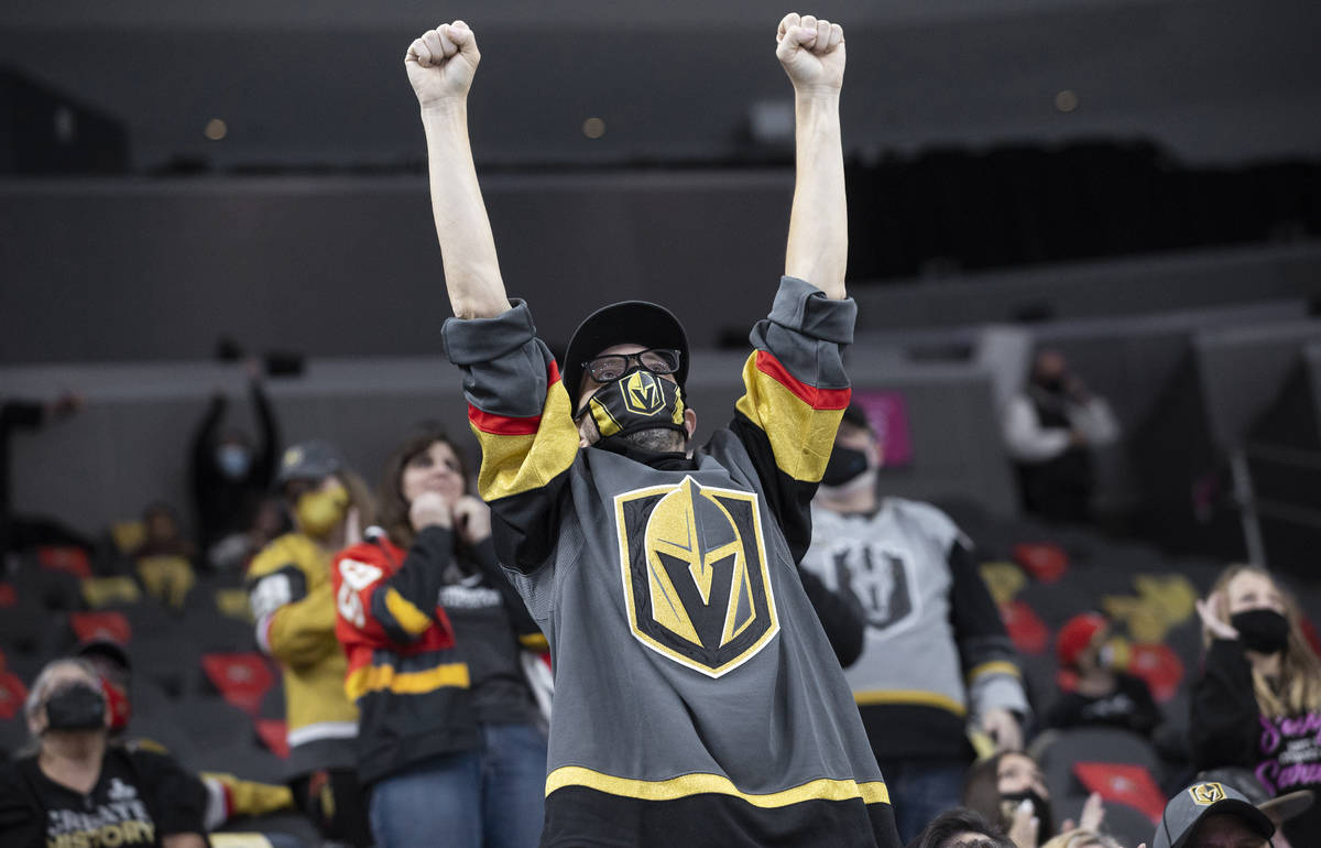 Henderson Silver Knights fans cheer after a goal in the second period during game 2 of the Paci ...