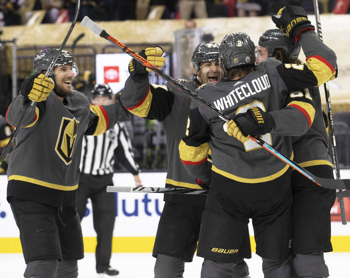 Vegas Golden Knights left wing Max Pacioretty (67) and Vegas Golden Knights right wing Mark Sto ...