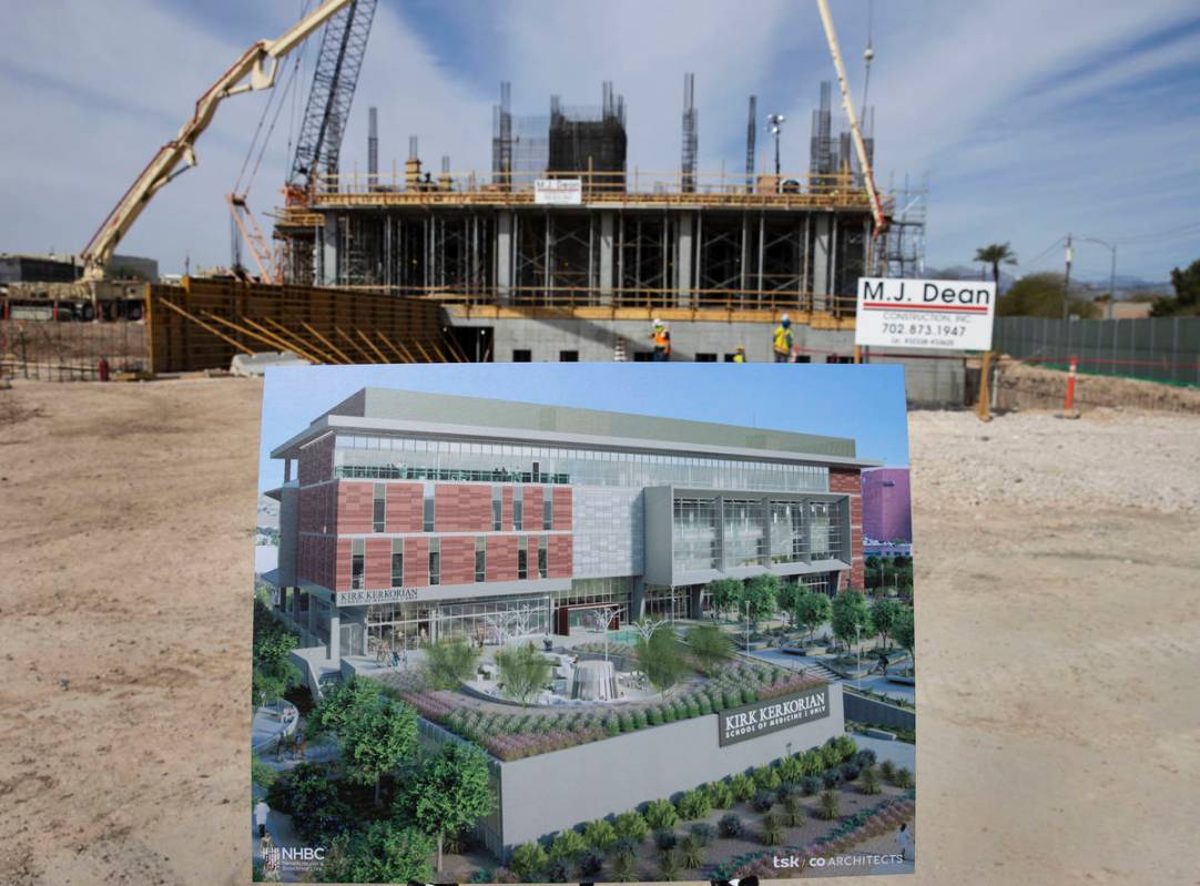 A rendering of the new Kirk Kerkorian School of Medicine is displayed during a private ceremony ...