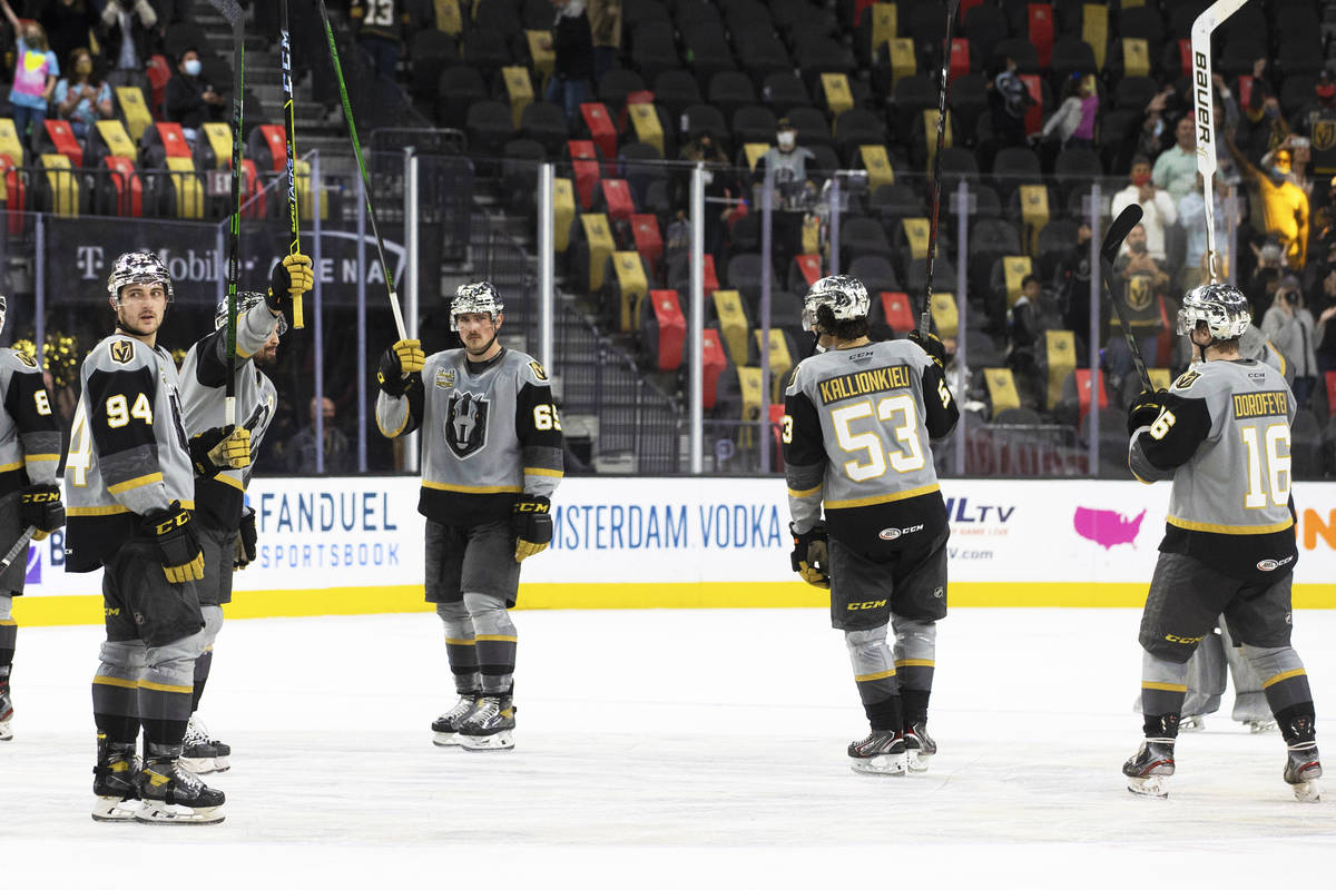 Henderson Silver Knights players salute the crowd after beating the Bakersfield Condors 6-3 dur ...