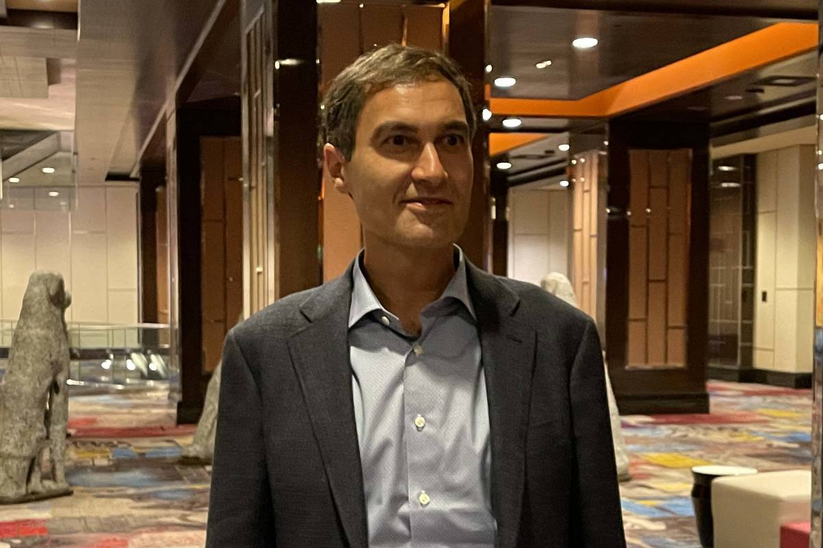 Oakland Athletics' President Dave Kaval speaks with Las Vegas Review-Journal reporters Thursday ...