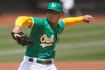 Oakland Athletics' Jesus Luzardo pitches against the Baltimore Orioles during a baseball game i ...