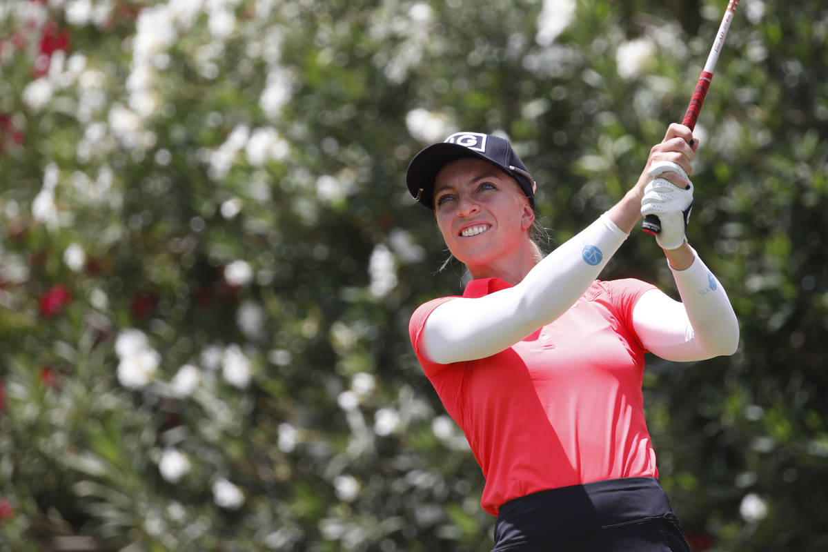 Sophia Popov watches her tee shot on the second hole during the quarter final round of the Bank ...