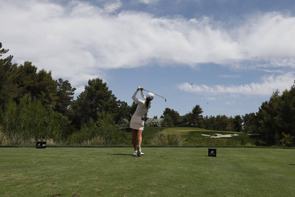 Danielle Kang tees off on the 15th hole during the quarter final round of the Bank of Hope LPGA ...