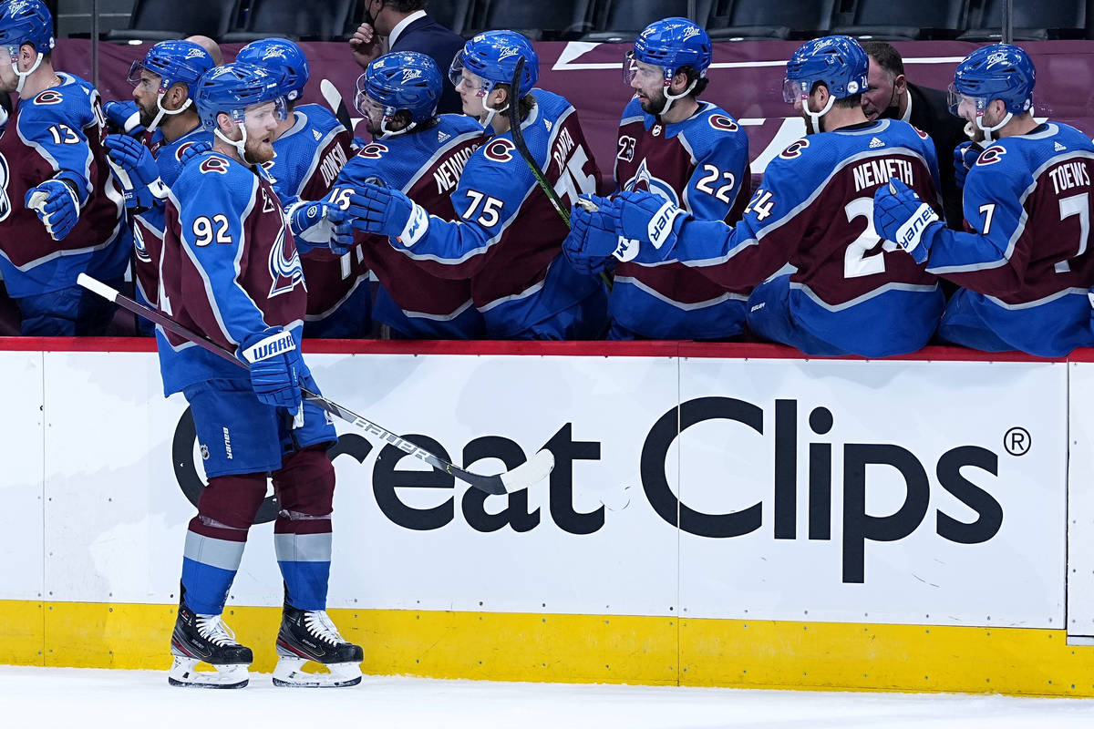 Colorado Avalanche left wing Gabriel Landeskog (92) celebrates goal against the Vegas Golden Kn ...